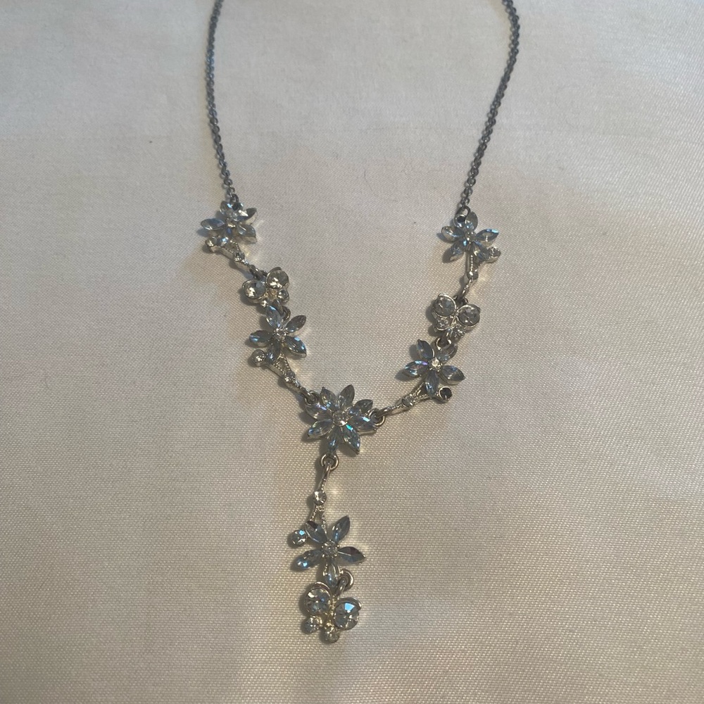 Floral Butterfly Crystal Silver Necklace